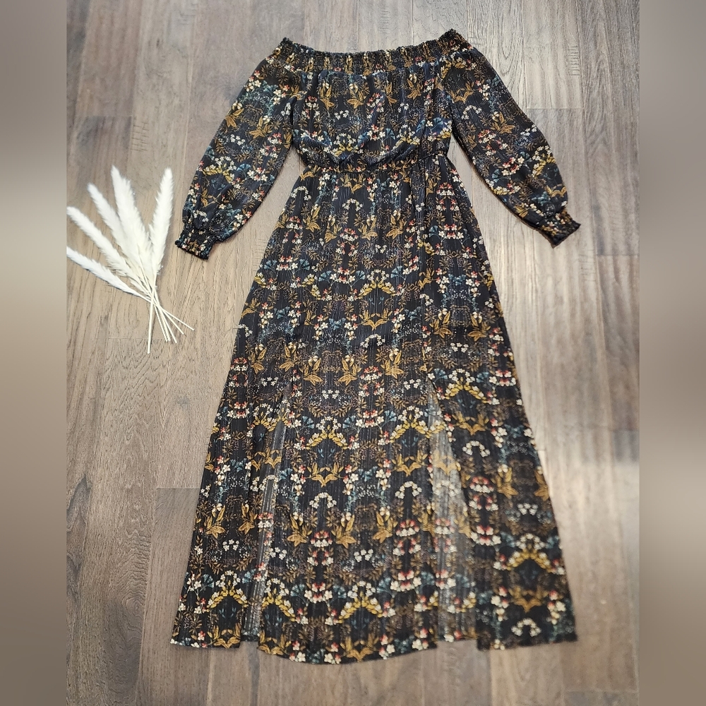 Jealous Tomato, black floral off shoulder maxi dress, size M